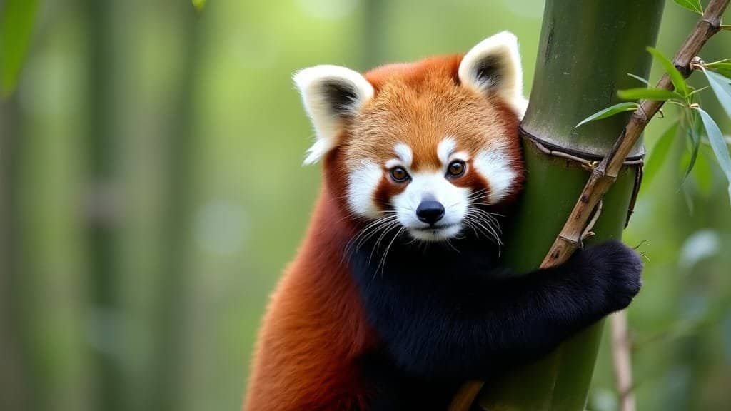 A red panda climbing a bamboo tree