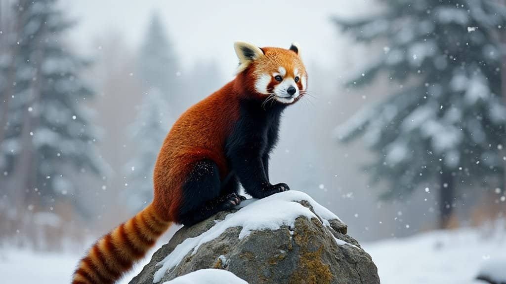 A red panda on a rock in a snowy landscape