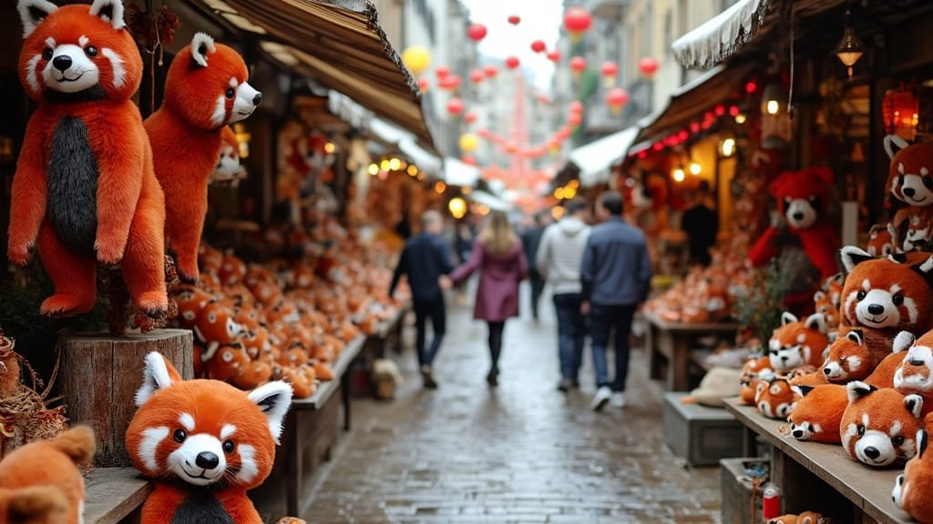 A street market decorated with eco-friendly red panda clothing and items