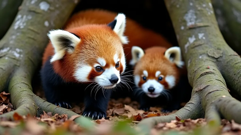 A red panda and her newborn cub hiding among the roots of a large tree