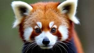 A domestic cat looking at a red panda